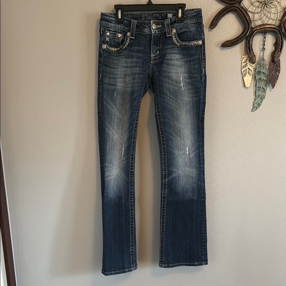 Miss Me Blue Boot Cut Jeans with Distressed Detailing